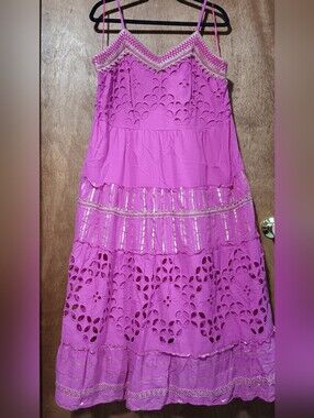Tiered Eyelet Maxi Dress with Metallic Trim - Fuchsia